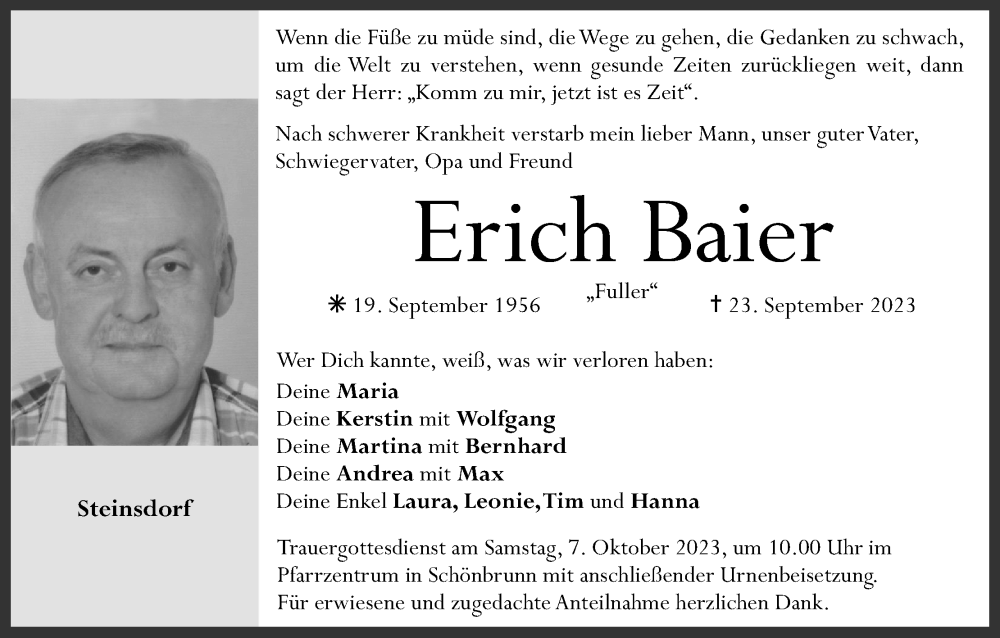  Traueranzeige für Erich Baier vom 04.10.2023 aus MGO