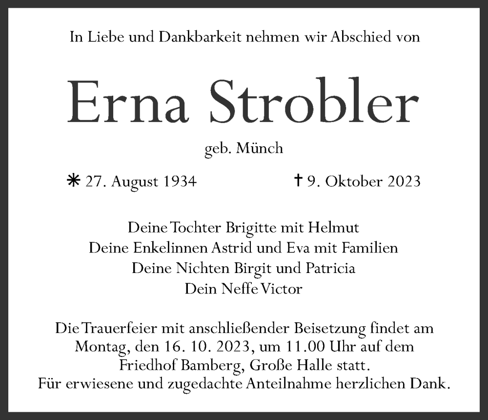  Traueranzeige für Erna Strobler vom 14.10.2023 aus MGO