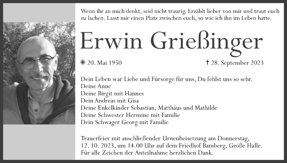  Traueranzeige für Erwin Grießinger vom 07.10.2023 aus MGO
