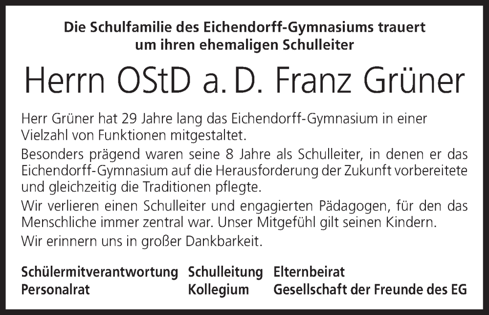  Traueranzeige für Franz Grüner vom 07.10.2023 aus MGO