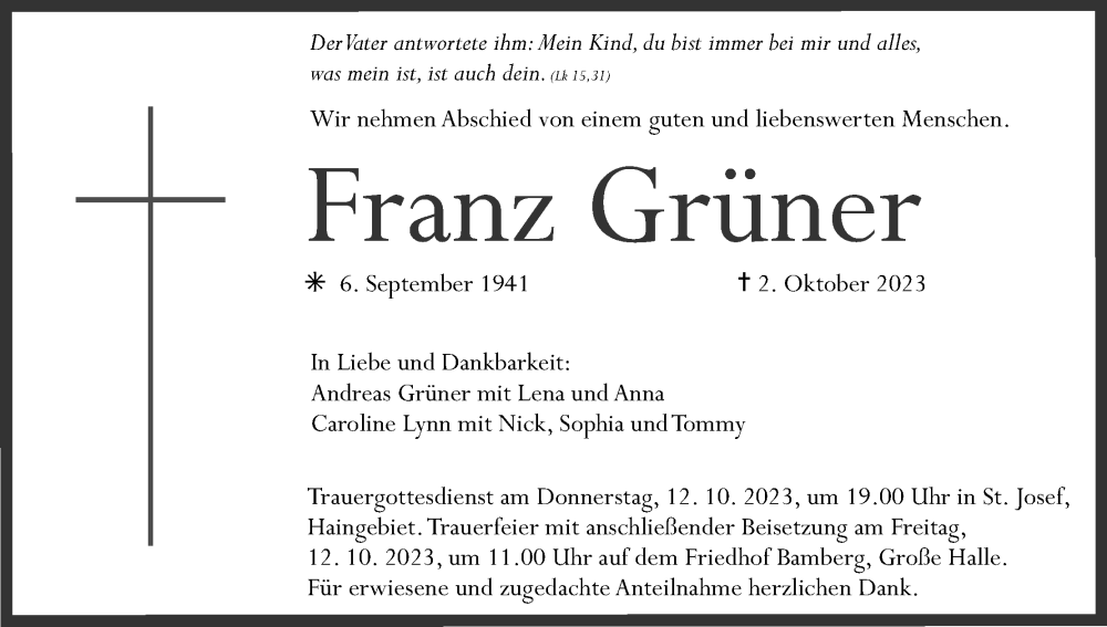  Traueranzeige für Franz Grüner vom 07.10.2023 aus MGO