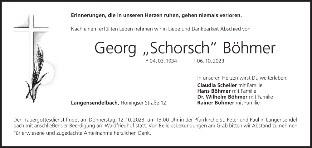  Traueranzeige für Georg Böhmer vom 11.10.2023 aus MGO