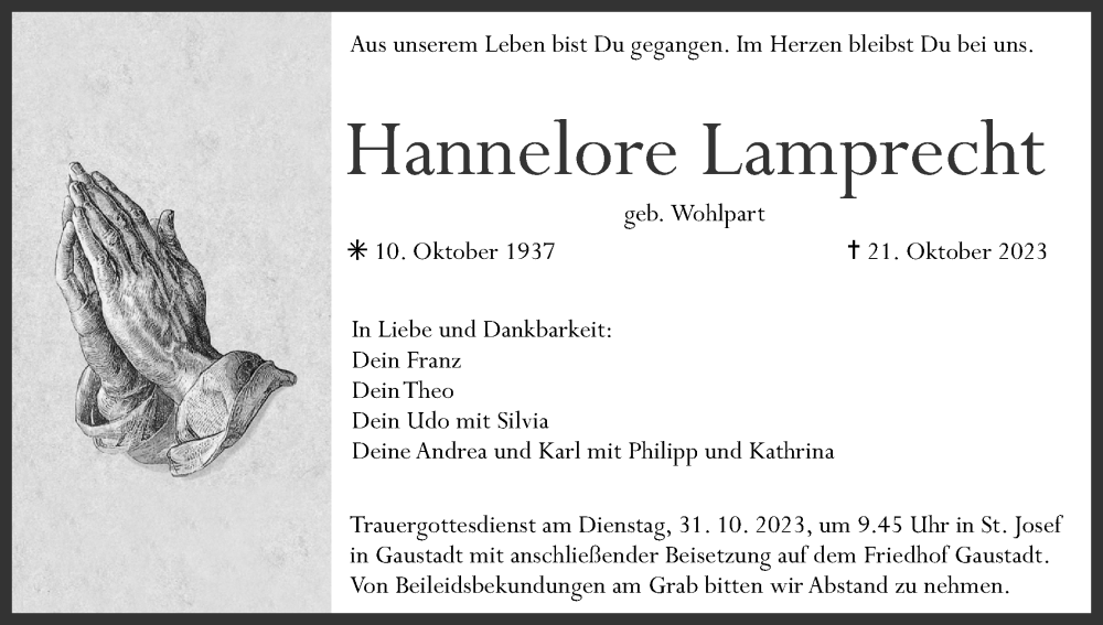  Traueranzeige für Hannelore Lamprecht vom 28.10.2023 aus MGO
