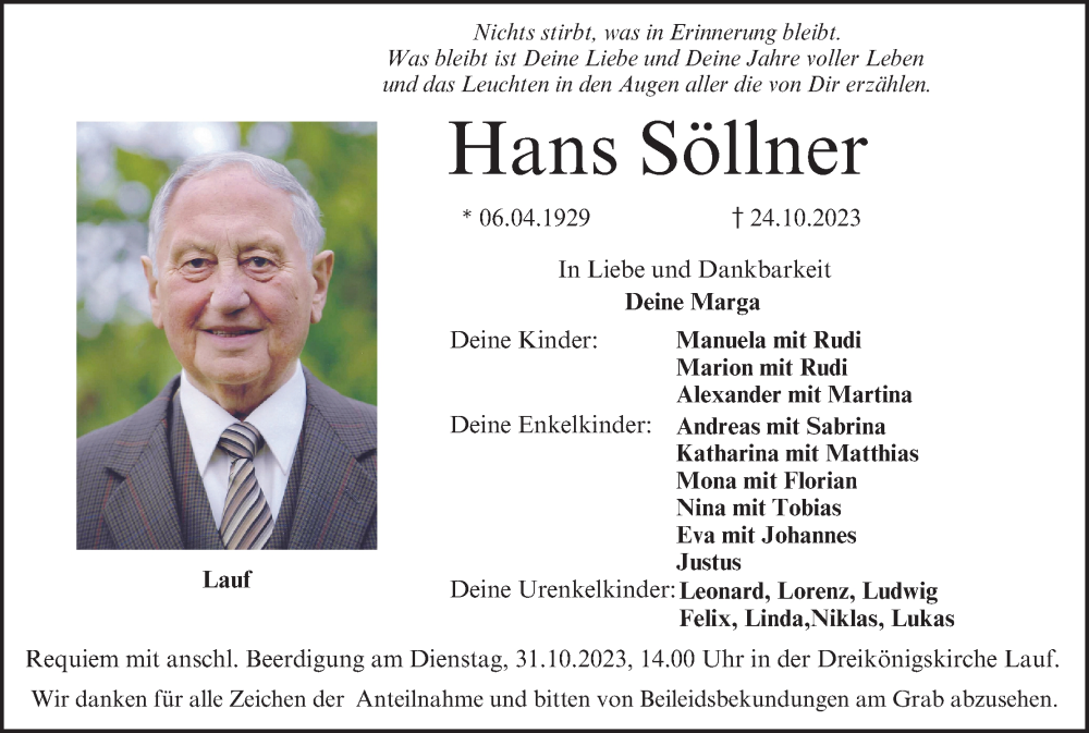  Traueranzeige für Hans Söllner vom 28.10.2023 aus MGO