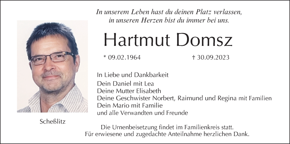  Traueranzeige für Hartmut Domsz vom 14.10.2023 aus MGO