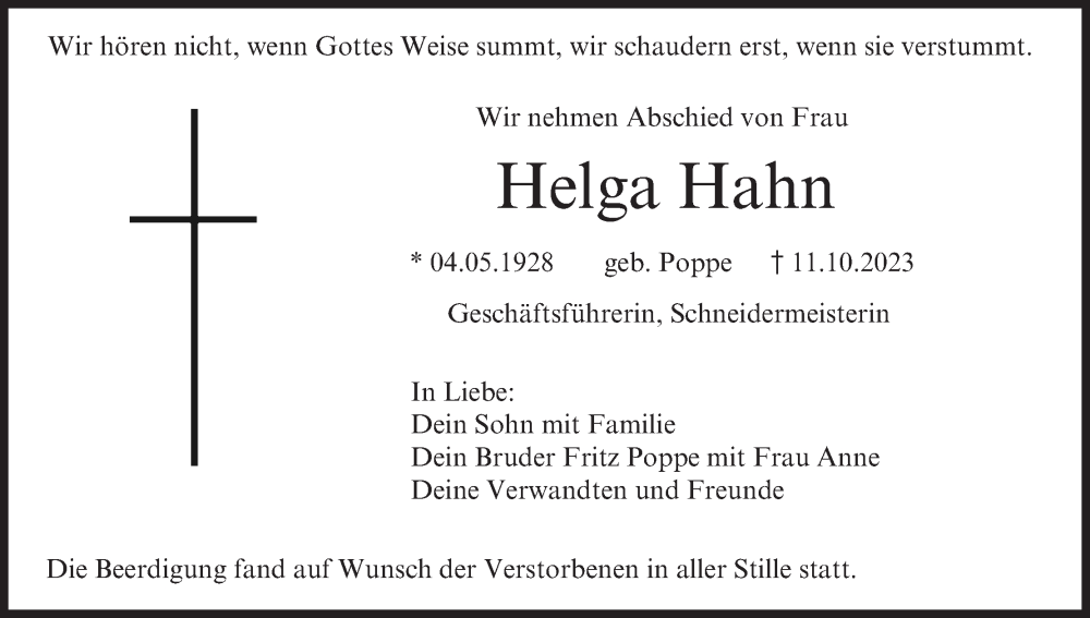 Traueranzeige für Helga Hahn vom 28.10.2023 aus MGO