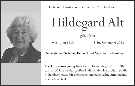 Traueranzeige von Hildegard Alt