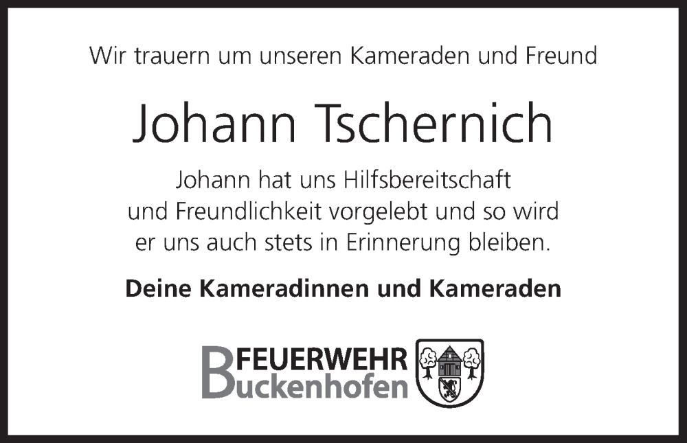  Traueranzeige für Johann Tschernich vom 27.10.2023 aus MGO