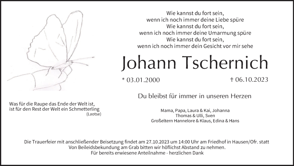  Traueranzeige für Johann Tschernich vom 21.10.2023 aus MGO