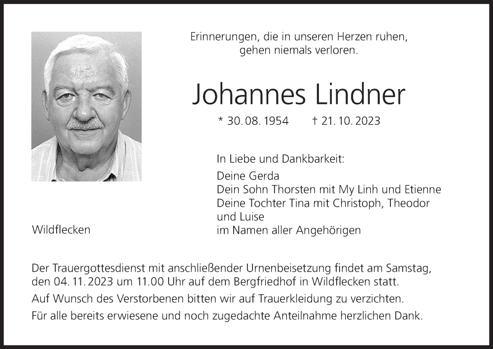  Traueranzeige für Johannes Lindner vom 28.10.2023 aus MGO