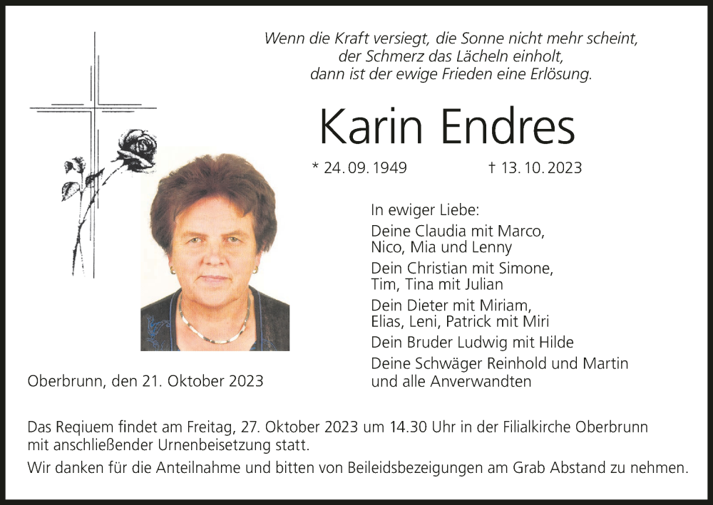  Traueranzeige für Karin Endres vom 21.10.2023 aus MGO