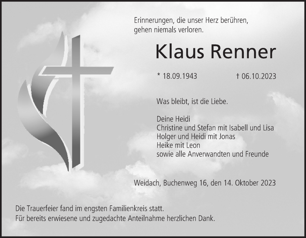  Traueranzeige für Klaus Renner vom 14.10.2023 aus MGO