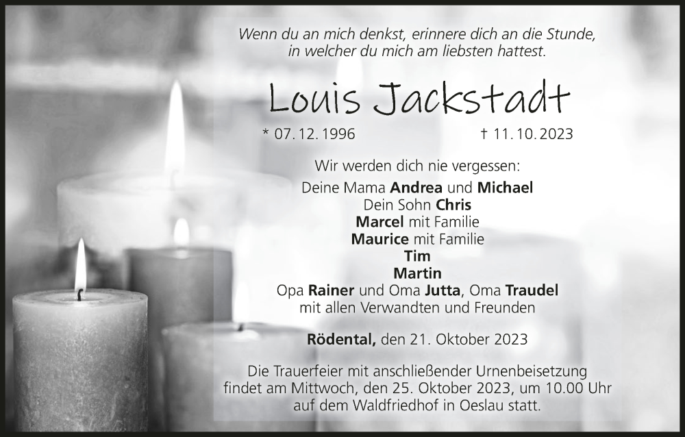  Traueranzeige für Louis Jackstadt vom 21.10.2023 aus MGO