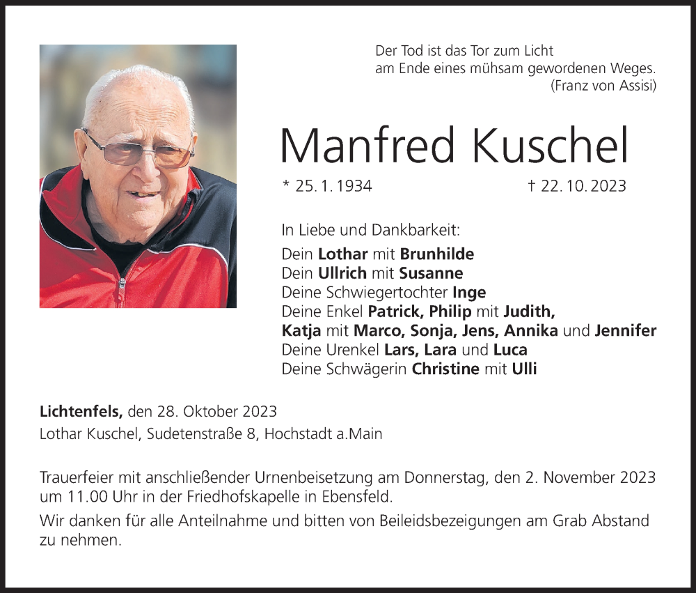  Traueranzeige für Manfred Kuschel vom 28.10.2023 aus MGO