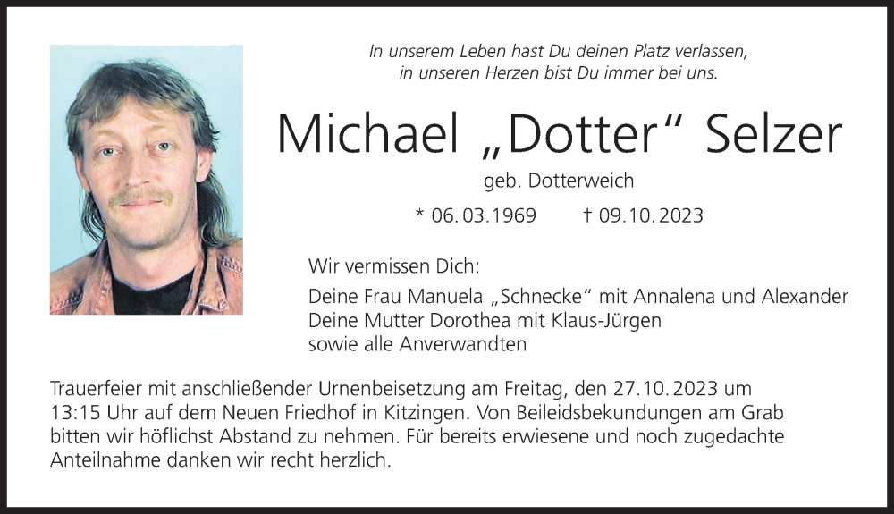  Traueranzeige für Michael Selzer vom 21.10.2023 aus MGO