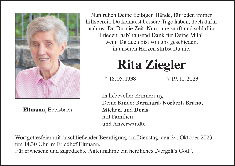  Traueranzeige für Rita Ziegler vom 21.10.2023 aus MGO