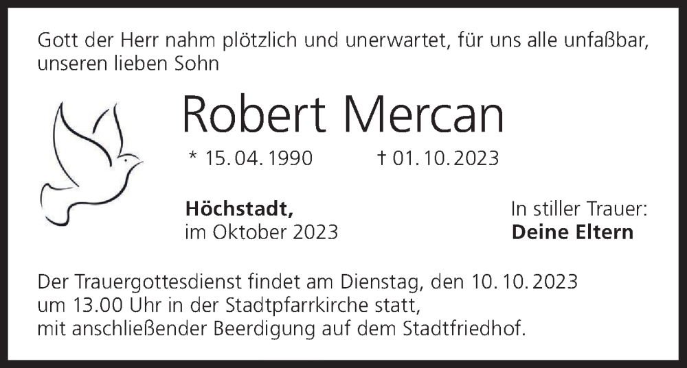  Traueranzeige für Robert Mercan vom 07.10.2023 aus MGO