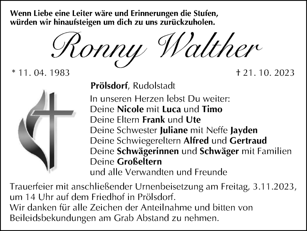  Traueranzeige für Ronny Walther vom 28.10.2023 aus MGO