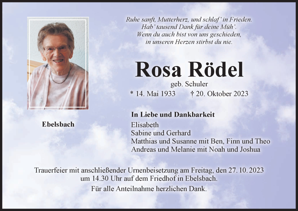  Traueranzeige für Rosa Rödel vom 25.10.2023 aus MGO