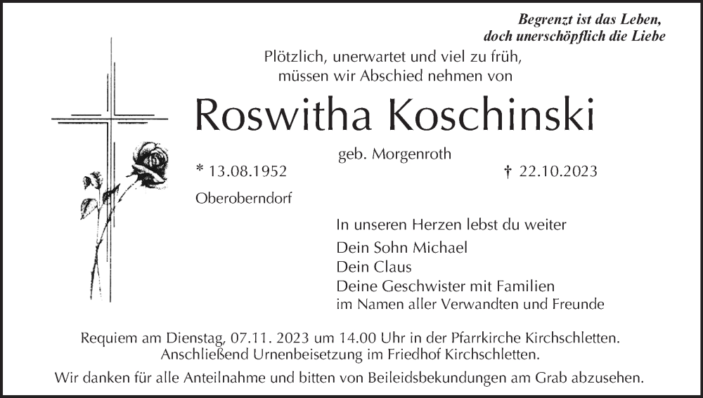  Traueranzeige für Roswitha Koschinski vom 28.10.2023 aus MGO