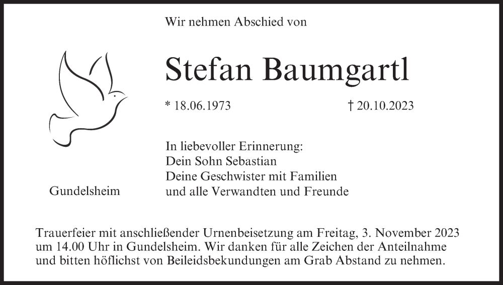  Traueranzeige für Stefan Baumgartl vom 28.10.2023 aus MGO
