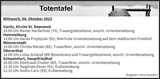 Anzeige von Totentafel vom 04.10.2023 von MGO