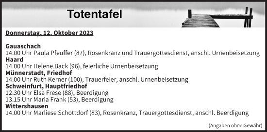 Anzeige von Totentafel vom 12.10.2023 von MGO