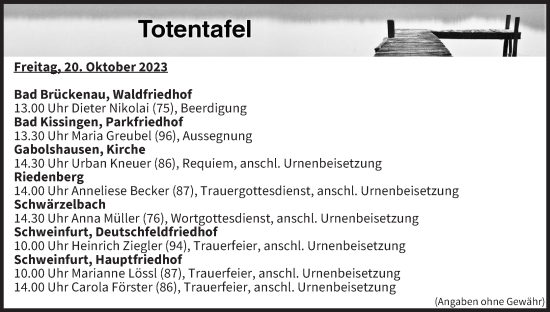 Anzeige von Totentafel vom 20.10.2023 von MGO