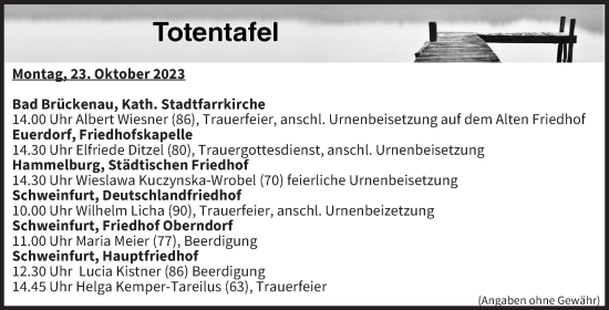 Anzeige von Totentafel vom 23.10.2023 von MGO