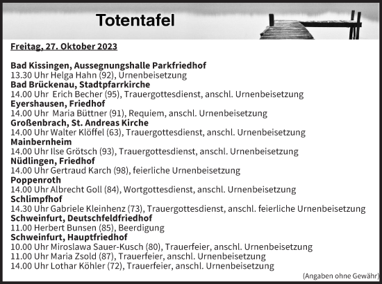 Anzeige von Totentafel vom 27.10.2023 von MGO