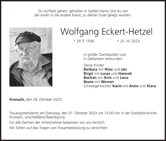 Anzeige von Wolfgang Eckert-Hetzel von MGO