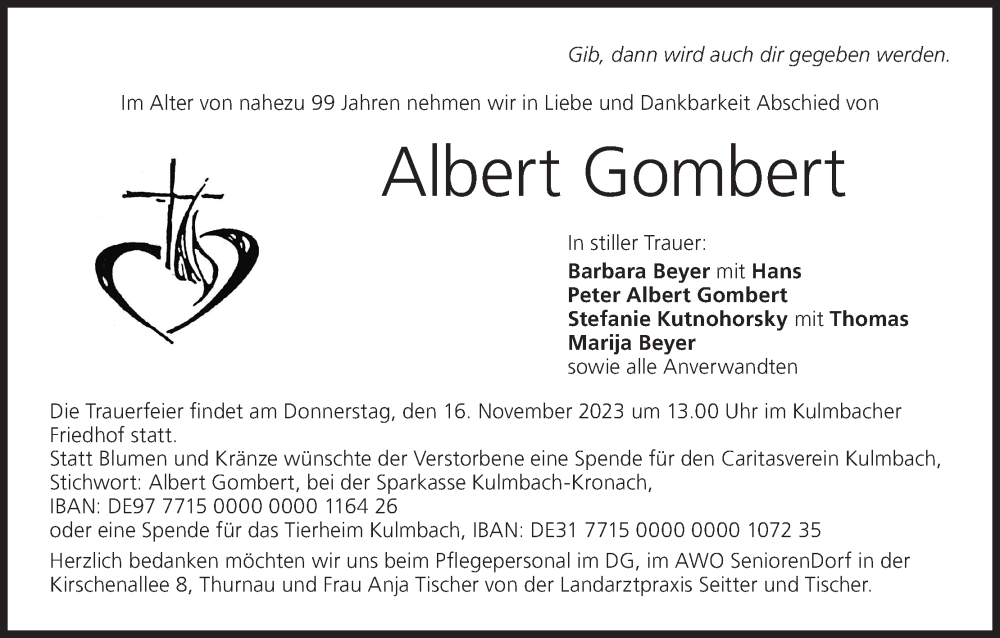  Traueranzeige für Albert Gombert vom 13.11.2023 aus MGO