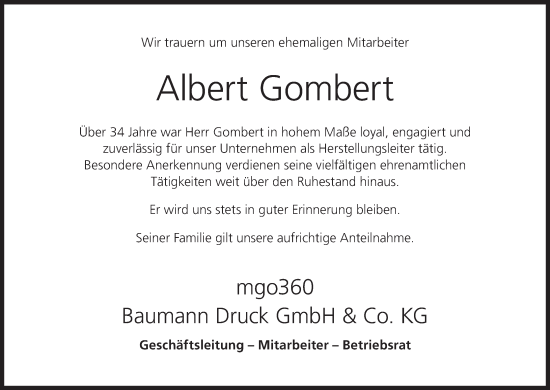 Anzeige von Albert Gombert von MGO