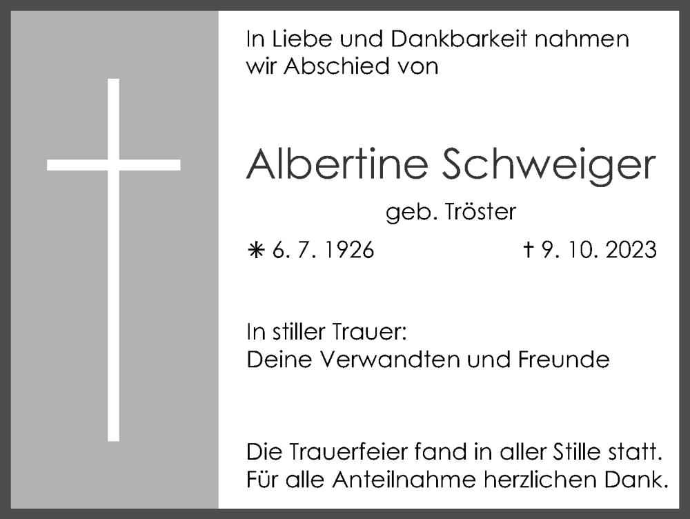  Traueranzeige für Albertine Schweiger vom 04.11.2023 aus MGO