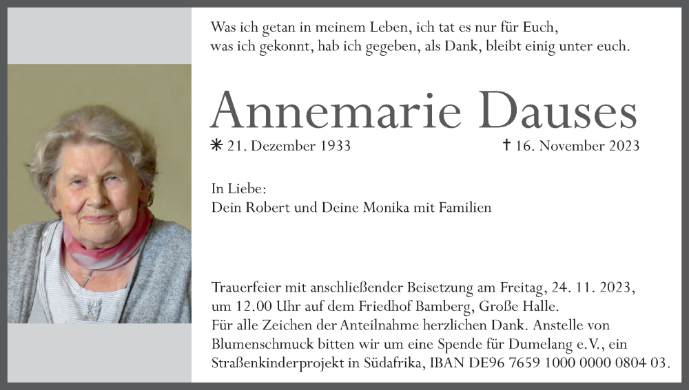  Traueranzeige für Annemarie Dauses vom 22.11.2023 aus MGO