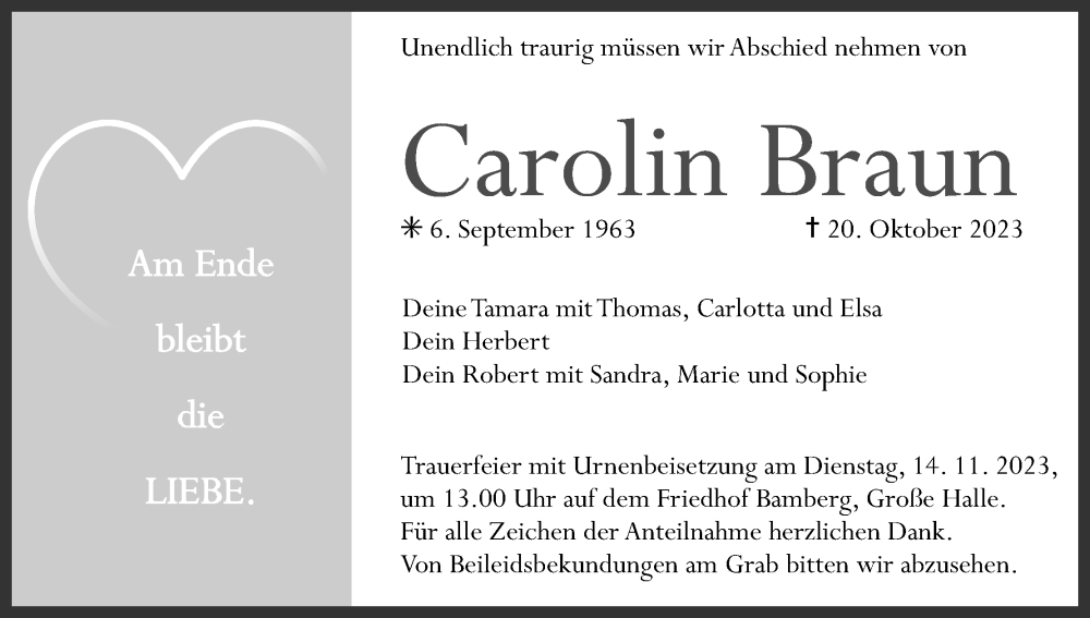  Traueranzeige für Carolin Braun vom 11.11.2023 aus MGO