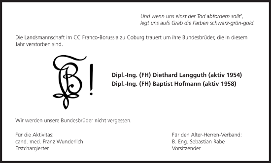 Anzeige von Die Landsmannschaft im CC Franco-Borussia zu Coburg trauert um ihre Bundesbrüder, die in diesem Jahr verstorben sind.  von MGO