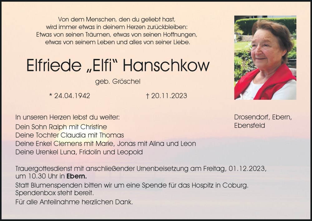  Traueranzeige für Elfriede  Hanschkow vom 25.11.2023 aus MGO