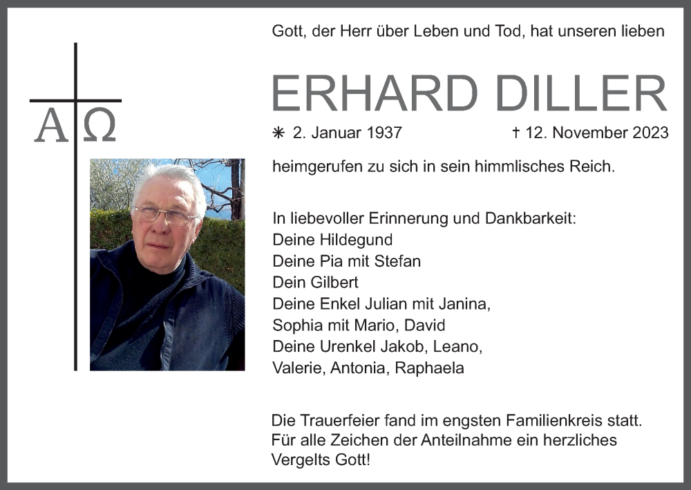  Traueranzeige für Erhard Diller vom 25.11.2023 aus MGO