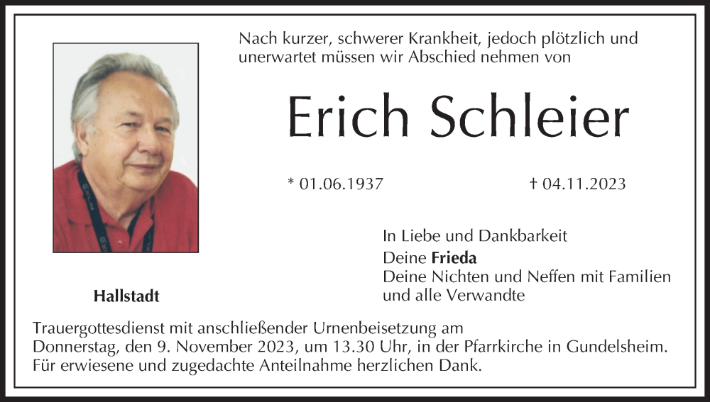  Traueranzeige für Erich Schleier vom 07.11.2023 aus MGO