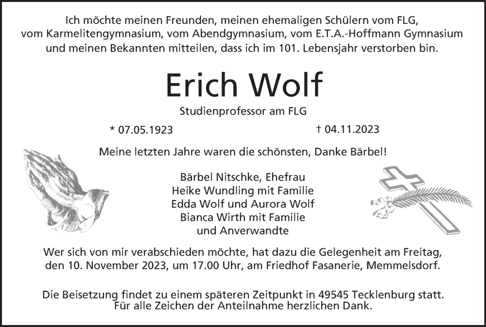  Traueranzeige für Erich Wolf vom 07.11.2023 aus MGO