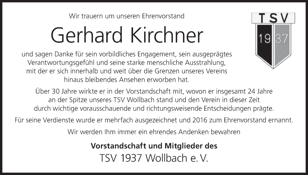  Traueranzeige für Gerhard Kirchner vom 18.11.2023 aus MGO