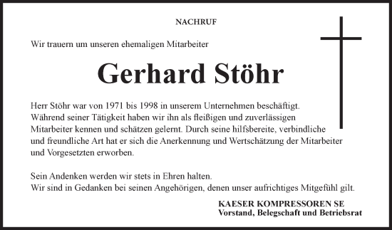 Anzeige von Gerhard Stöhr von MGO