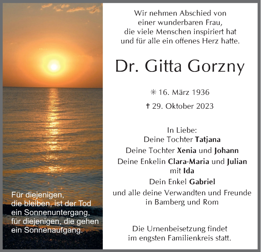  Traueranzeige für Gitta Gorzny vom 11.11.2023 aus MGO