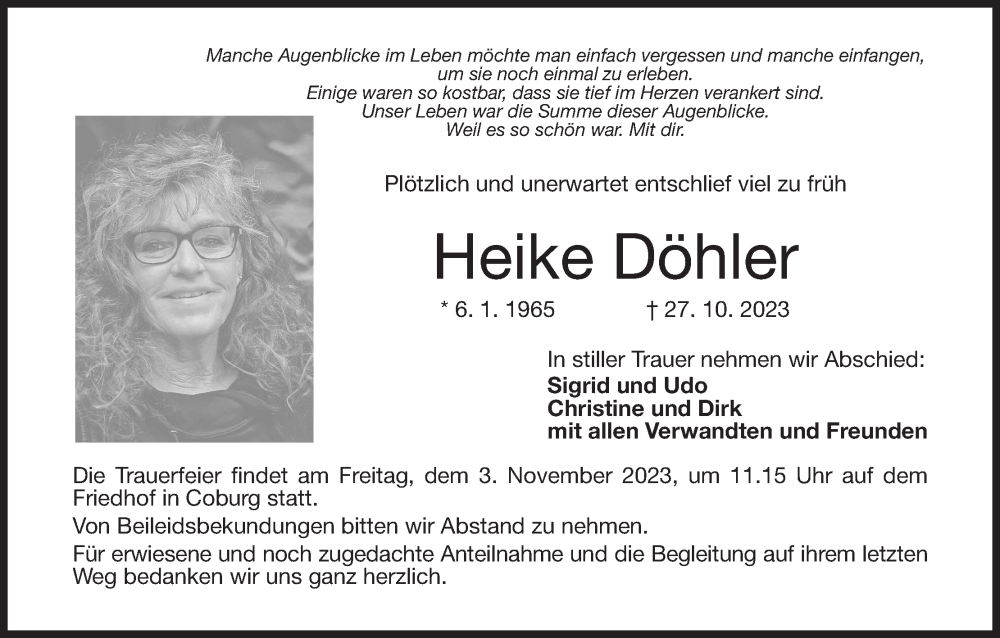  Traueranzeige für Heike Döhler vom 31.10.2023 aus MGO
