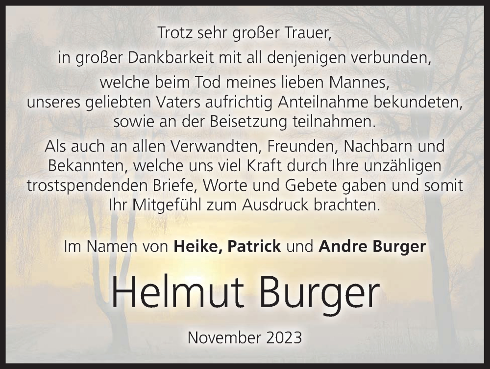  Traueranzeige für Helmut Burger vom 11.11.2023 aus MGO