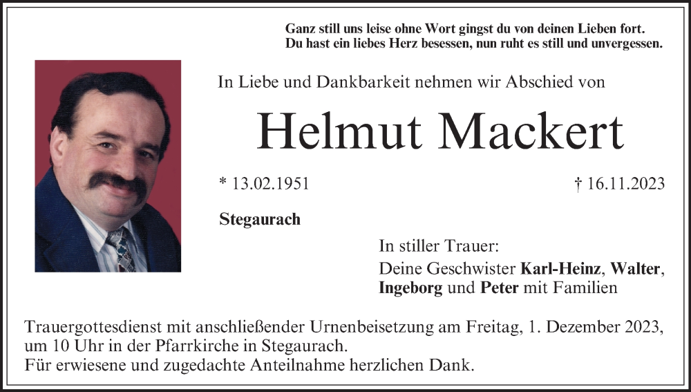  Traueranzeige für Helmut Mackert vom 25.11.2023 aus MGO