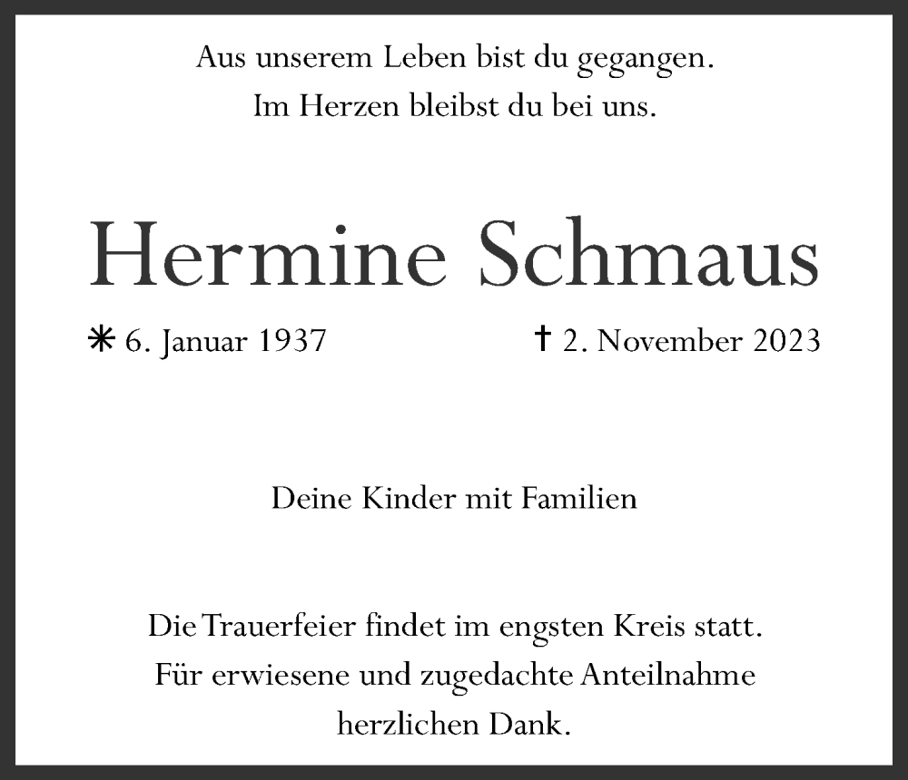  Traueranzeige für Hermine Schmaus vom 18.11.2023 aus MGO