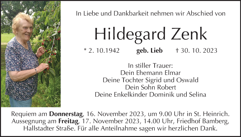  Traueranzeige für Hildegard Zenk vom 11.11.2023 aus MGO