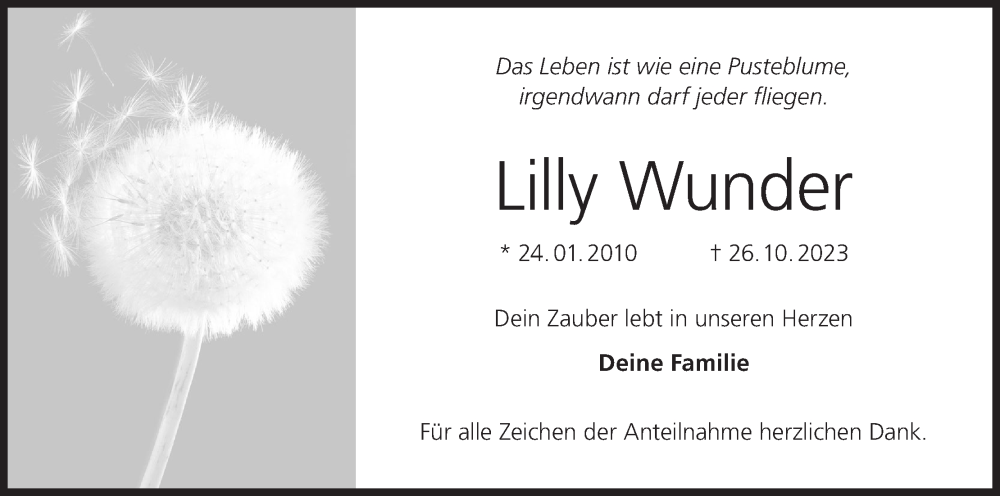  Traueranzeige für Lilly Wunder vom 04.11.2023 aus MGO